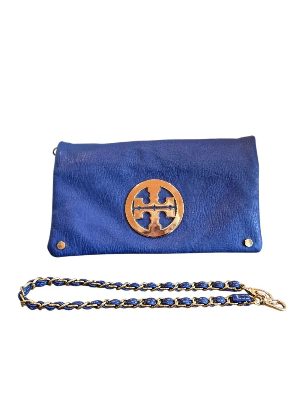 Tory Burch Cobalt Blue Pebbled Leather Convertible Clutch Shoulder Bag